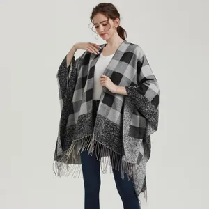 Classic black and white plaid tassel poncho cape with stylish split front for autumn winter