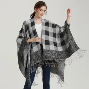 Classic plaid tassel poncho shawl with large check pattern and gray fringe for women