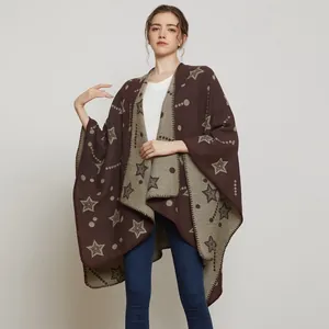 Women's jacquard poncho with star patterns in dark coffee and sage green knit