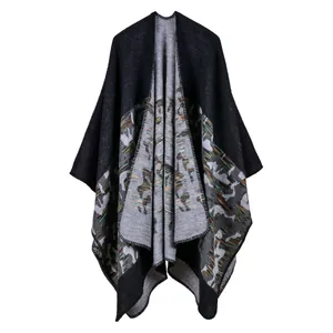 Thick black and grey cashmere-like poncho shawl with star jacquard tribal patterns