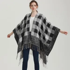 Women Fashion Plaid Tassel Shawl Poncho Imitation Cashmere Autumn Winter Warm Buffalo Plaid Oversized Scarf Wrap Open Front