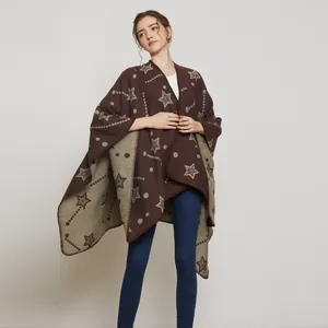 Women's jacquard knit shawl cape with brown star pattern and cozy oversized fit