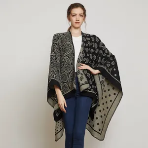Châle Poncho Femme Paisley Rétro Jacquard Double Face Pois Acrylique Polyester Cape Enveloppante Oversize Bohème Hiver