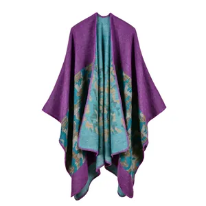 Women's thick cashmere-like star pattern shawl in purple and lake blue color block