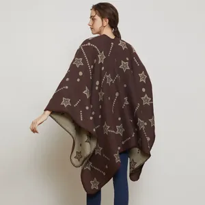 Women's knitted star pattern shawl cape in dark coffee brown and beige tones