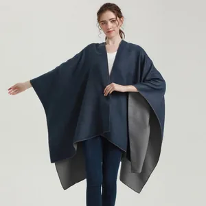 Women's reversible dark blue and grey cashmere-like shawl poncho cape for autumn warmth