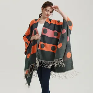 Women Faux Cashmere Poncho Shawl Geometric Polka Dot Striped Tassel Cape Open Front Wrap For Autumn Winter Fashion