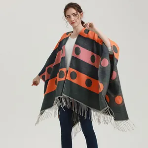 Women's autumn faux cashmere poncho wrap with tassels and orange striped dot pattern
