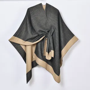 Women Color Block Cashmere-like Shawl Poncho Open Front Split Cape Cardigan Warm Brushed Knit Wrap For Autumn Winter