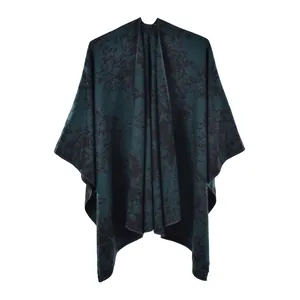 Châle cape vintage vert foncé à fleurs en tricot épais pour femmes en été et automne