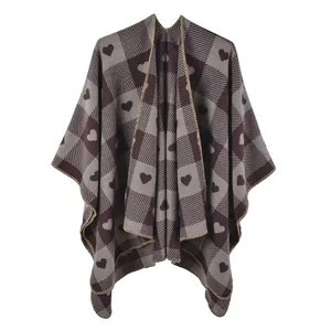 Damen Ethno-Poncho mit grauem und braunem Colorblocking und Herzmuster-Design