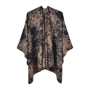 Châle vintage à motif floral jacquard en tissu épais marron et noir pour hiver