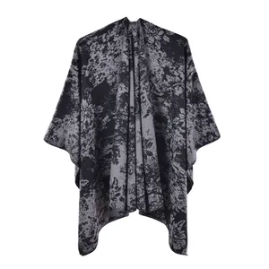 Châle Jacquard Style Ethnique Vintage pour Femmes Imitation Cachemire Épais Poncho Cape Hiver Chaud Écharpe à Fleurs pour Voyage Fête