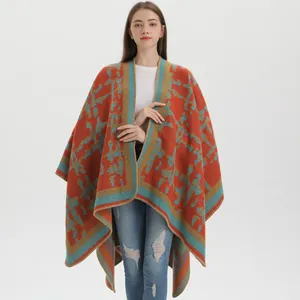 Women's Vintage Bohemian Geometric Pattern Poncho Cape Imitation Cashmere Warm Open Front Shawl Wrap For Winter Autumn