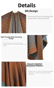 Detail of colorful geometric diamond pattern and split design on knitted poncho