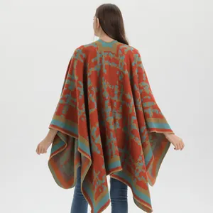 Vintage orange camouflage grid knit poncho with long silhouette and open-front design
