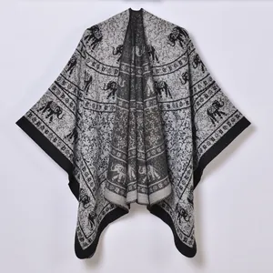 Vintage Ethnic Elephant Pattern Knitted Poncho Shawl For Women Bohemian Jacquard Split Warm Cape Cloak Autumn Tassel Wrap