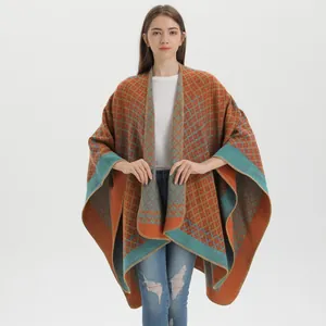 Women's warm knitted shawl cape with vintage geometric diamond patterns in bright colors