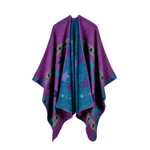 Bohemian purple and blue knit shawl with star patterns and geometric borders
