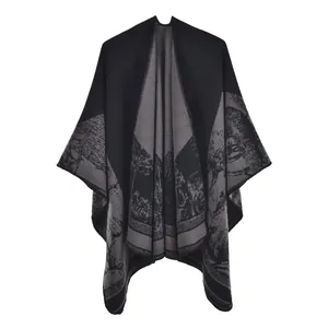 Close-up of black and grey high-density knitted shawl with landscape jacquard pattern