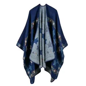 Navy blue jacquard poncho with star pattern and bohemian geometric embroidery