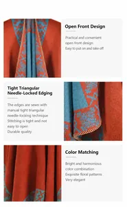 Detailed view of knitted shawl featuring orange jacquard fabric and triangle stitch edges