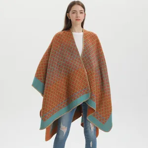 Women Vintage Geometric Rhombus Knit Poncho Shawl Warm Soft Cashmere Like Open Front Wrap Cardigan Outerwear