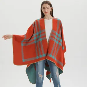 Red and blue plaid thick cashmere-like knit poncho cloak for women with split front