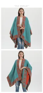 Detail of teal cashmere-style shawl with ethnic geometric patterns and open front design