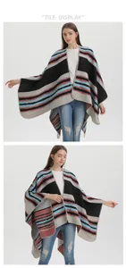 Detail of multi-color striped knitted poncho showing texture and draped open-front design