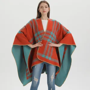Classic orange and blue plaid poncho shawl for women in soft pashmina knit fabric