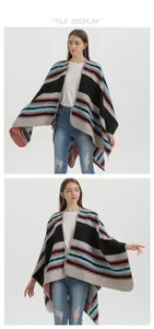 Close-up of geometric striped knit shawl with black, blue and pink patterns