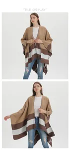 Detail of striped knit shawl showing earth tone color blocks and premium fabric texture