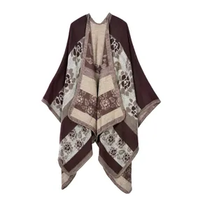 Bohemian knit shawl wrap with vintage floral patterns in brown, beige, and grey