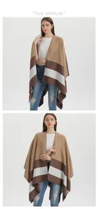 Detailed view of women's knitted color-block striped poncho with khaki and brown wide stripes