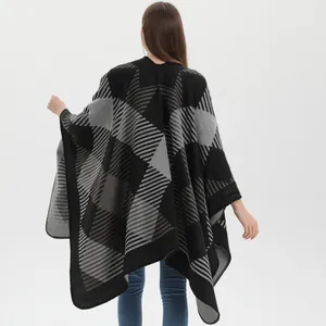 Châle poncho femme automne hiver avec motif géométrique à blocs noir et gris