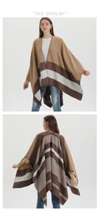 Front and back view of a camel and brown striped open front shawl cape for women