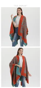 Detail of orange and blue leopard print jacquard knit poncho with stitched edges