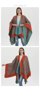 Detail of knit shawl featuring bold orange and teal leopard print with refined edge stitching