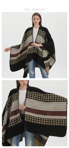 Détails du poncho en tricot avec pieds-de-poule classique, rayures et motifs géométriques