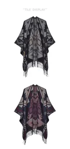 Détail d'un poncho bohème épais en maille avec motif jacquard et bordure à franges