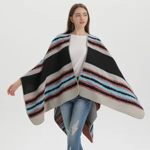 Women's Striped Knit Shawl Wrap Open Front Poncho Cape Imitation Cashmere Warm Winter Scarf Geometric Pattern Ethnic Style Blanket Wrap