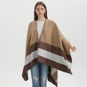 Women Fashion Double Sided Striped Poncho Shawl Open Front Color Block Knitted Cloak Imitation Cashmere Warm Cape Wrap