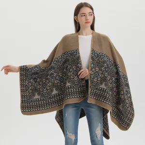 Women Vintage Ethnic Knit Poncho Shawl Cashmere-like Floral Paisley Pattern Open Front Cloak Cardigan Warm Wrap Autumn Winter