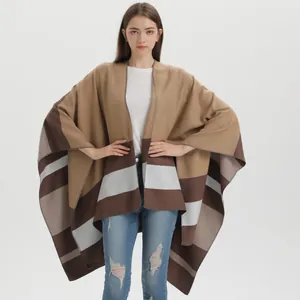 Women's oversized color-block stripe poncho wrap in khaki and brown tones