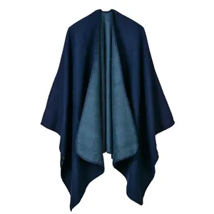 Women's jacquard shawl in navy blue and light blue double-sided thick knit design
