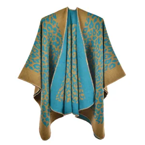 Close-up of leopard print shawl featuring high-quality stitching and thick cashmere-like fabric