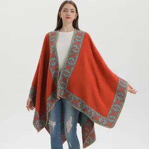 Women Vintage Ethnic Jacquard Poncho Shawl Imitation Cashmere Thick Warm Split Cape Wrap For Autumn Winter Daily Wear