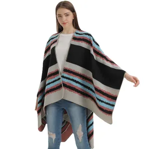 Women's knit poncho cape with multi-color stripes and fringe edges for casual wear