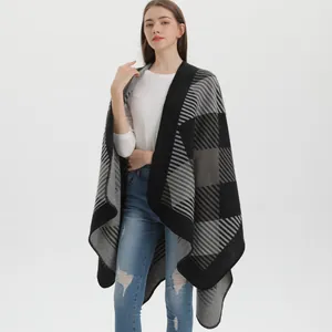 Châle poncho d'automne pour femme style cachemire avec motifs géométriques gris et noirs